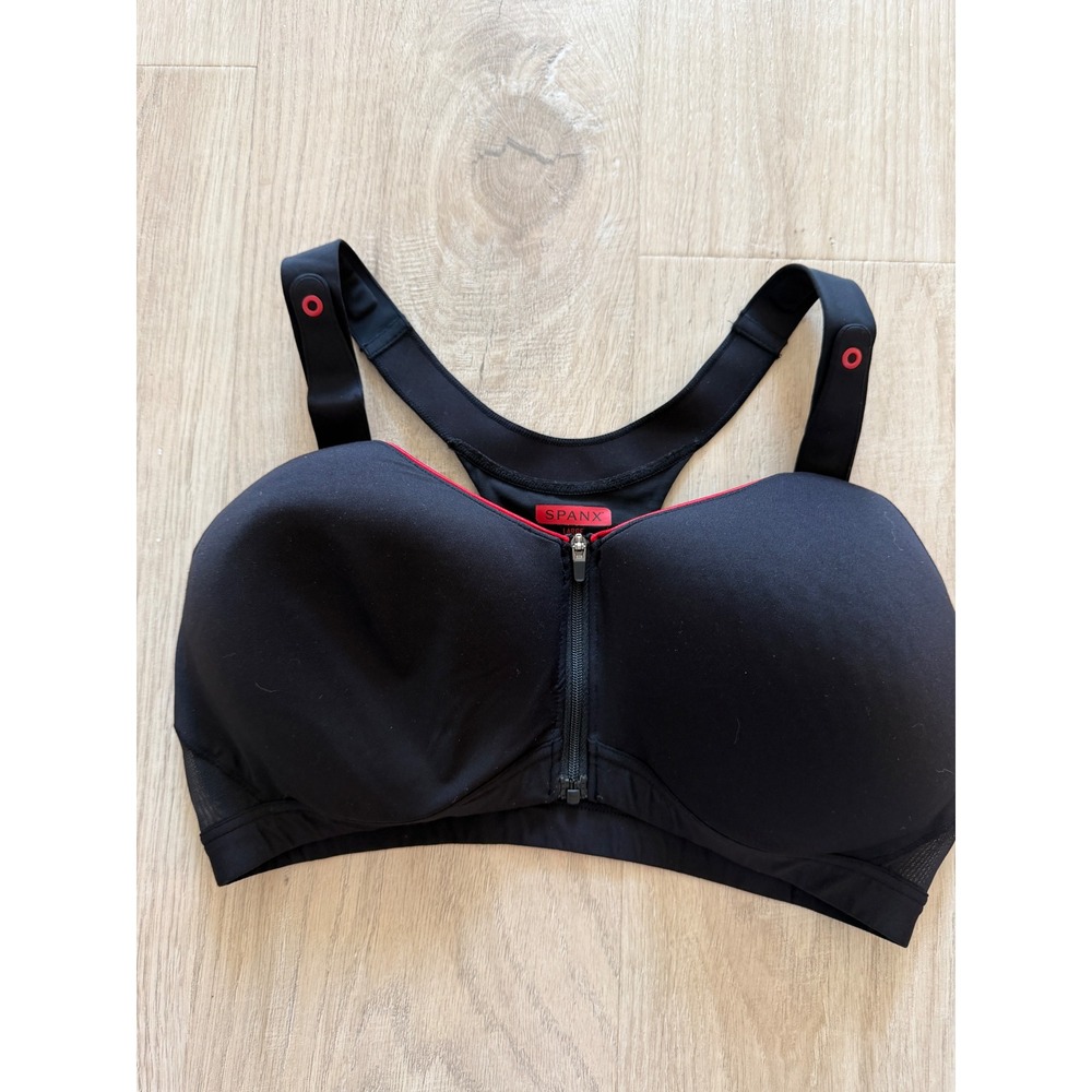 Spanx Sports Bra Womens Large Black Front Zip Racerback High Impact Activewear